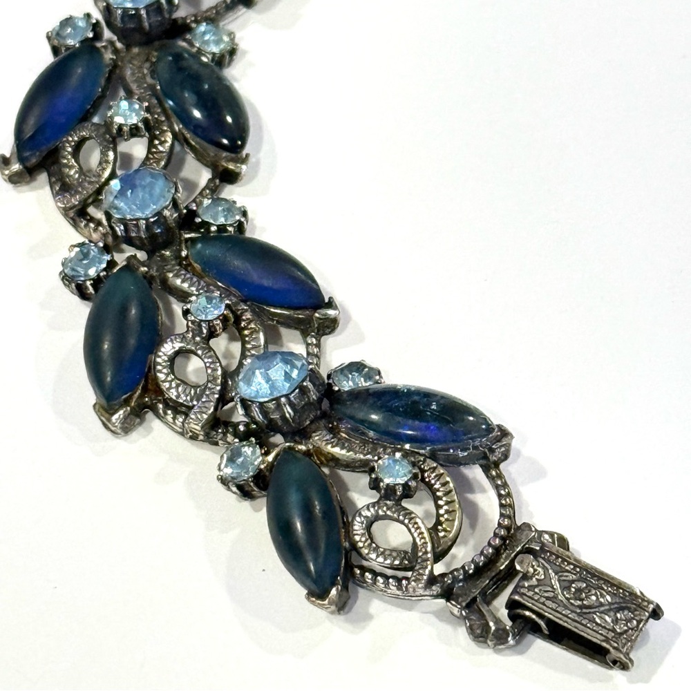 Vintage Florenza Blue Rhinestone Navette Marquise Bracelet Silver Tone Statement - Picture 12 of 16